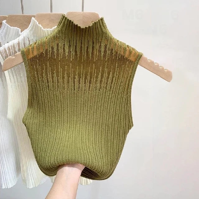 Women's Korean Knitted Half High Neck Vest Summer Sleeveless Solid Color Thin Tank Top 