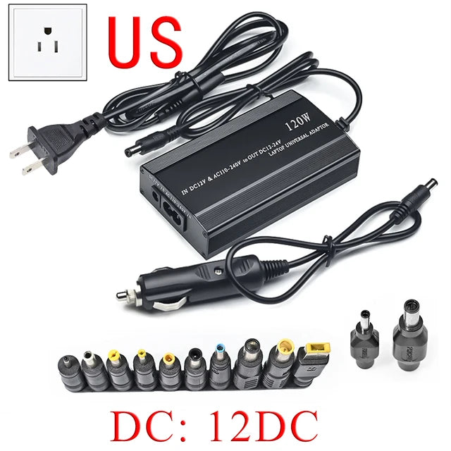 Cargador universal para coche, adaptador de corriente CA/CC, USB, para portátil, ajustable, 120 W, 220 V, 110 V a 12 V, 15 V, 16 V, 18 V, 19 V, 20 V, 22 V y 24 V 