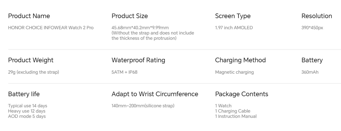 HONOR CHOICE INFOWEAR Watch 2 Pro – Tela AMOLED de 1,97" com bordas finas, suporte a barômetro e bússola, e posicionamento GNSS autônomo.