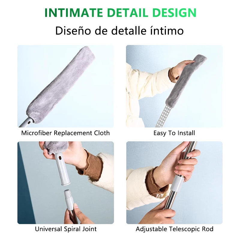Espanadores para remoção de poeira, espanador telescópico extensível, alça longa, esfregão extra plano, vassoura para limpar sob móveis, escova de penas