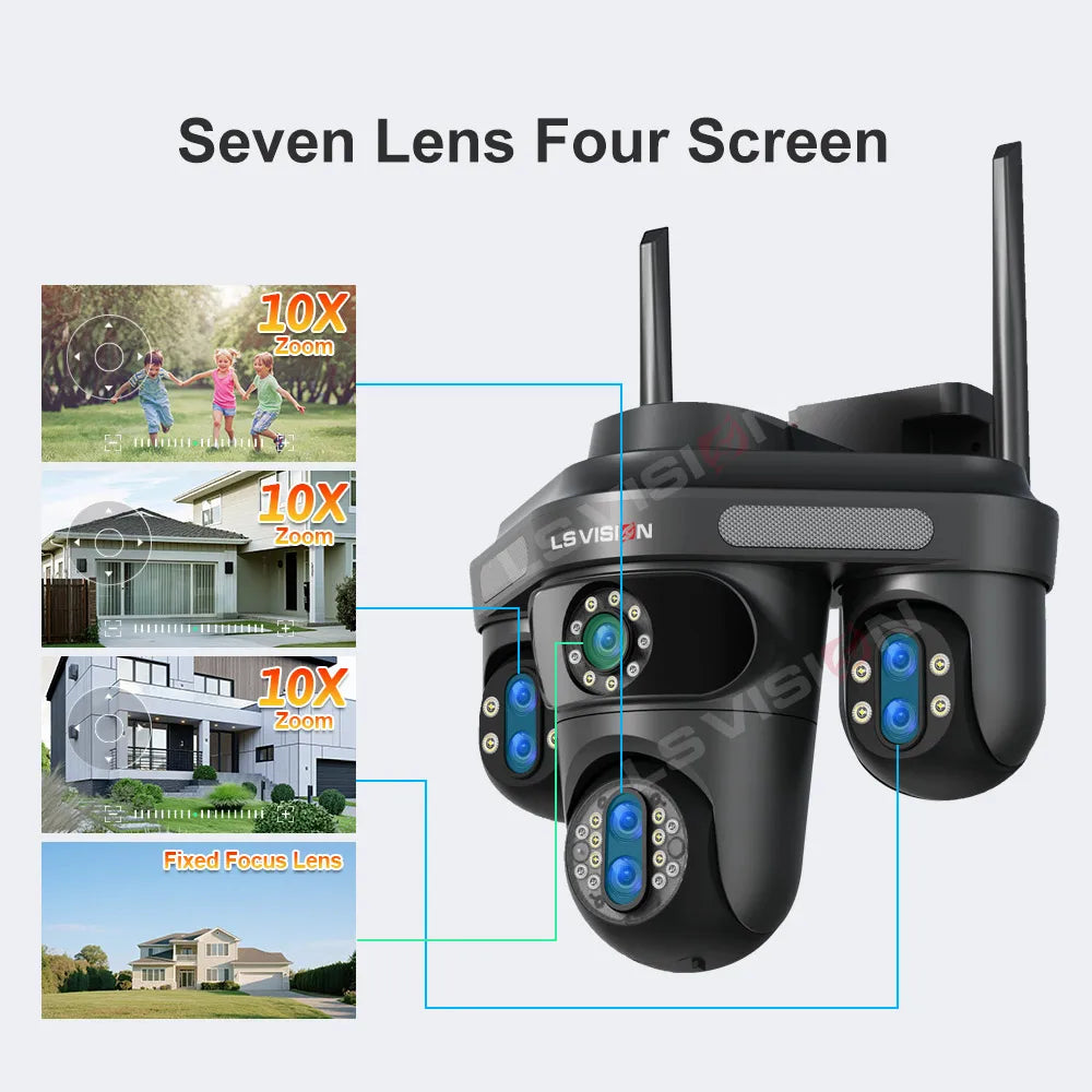 LS VISION 10X Optical Zoom 4-Screens WiFi IP Camera  35MP Outdoor Wifi Security PTZ Cam Auto Tracking Home Surveillance Cameras