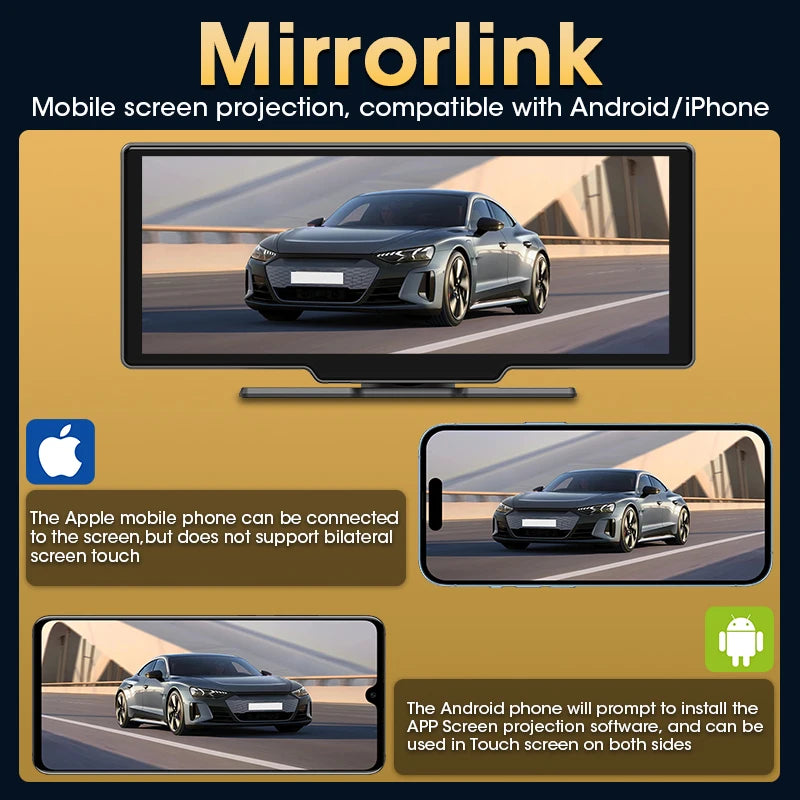 Srnubi 10.26" Dash Cam Rearview Wireless Carplay & Android Auto 4K DVR Navigation Player Dual Lens Recorder Dashboard WIFI 5.0BT