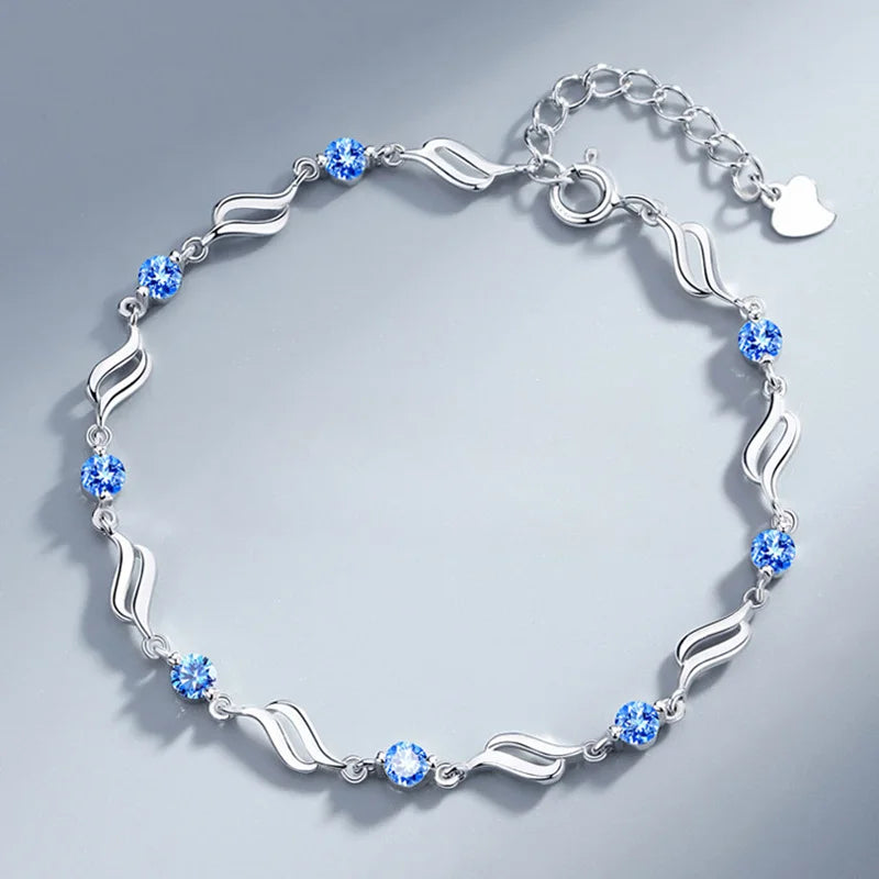 Retro 925 Sterling Silver Pulseiras de Cristal Azul para Mulheres, Designer Coreano, Oco, Pulseiras Ajustáveis, Festa de Luxo Presente Da Jóia