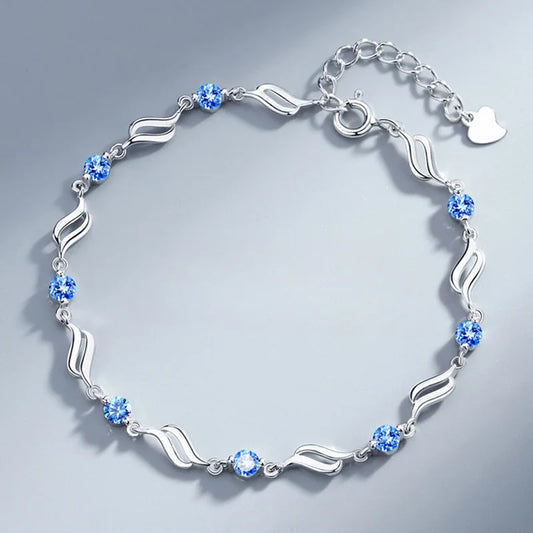 Retro 925 Sterling Silver Pulseiras de Cristal Azul para Mulheres, Designer Coreano, Oco, Pulseiras Ajustáveis, Festa de Luxo Presente Da Jóia