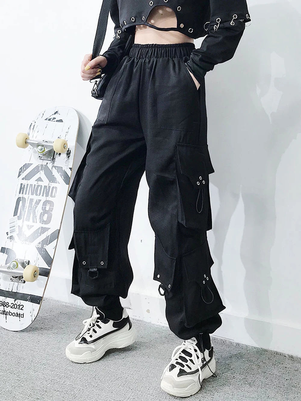 Pantalones cargo para mujer 2023, pantalones harén de moda con bolsillos punk, pantalones deportivos con cadena, elásticos Harajuku, cintura alta, ropa de calle.