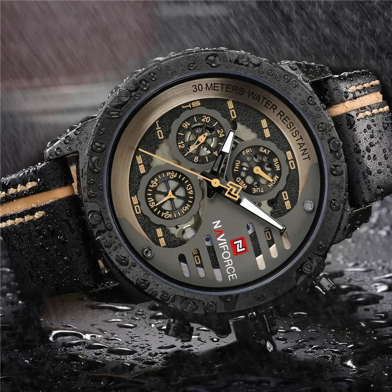 NAVIFORCE Men Watch Sport Man Wristwatch Top Brand Luxury Gold Military Date Week Genuine Leather Quartz Male Clock Gift 9110