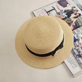 COKPanama Simple Summer Beach Sun Protection Bowknot French-Style Small Hat, Women's Casual Flat-Brimmed Straw Hat with Bow