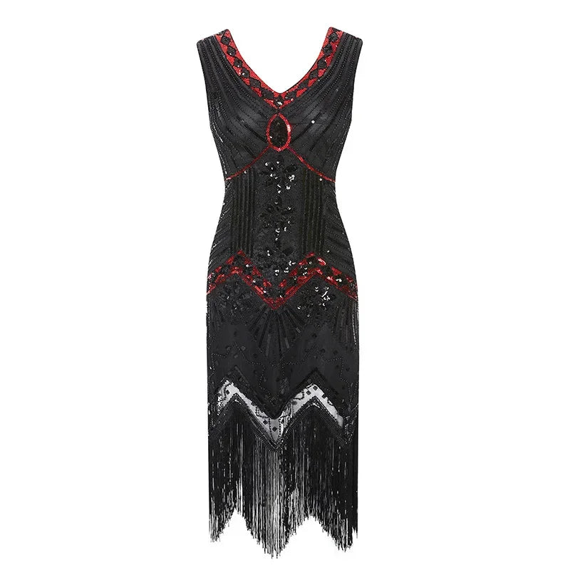 Mandylandy Women Vintage Dress Retro 1920s Great Gatsby Dress Sequin Flapper Sleeveless Dancing Party Prom Tassel Hem Dress