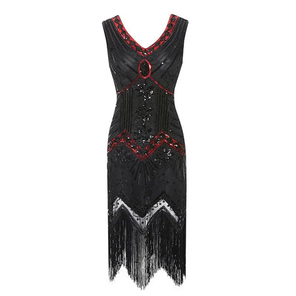 Mandylandy Women Vintage Dress Retro 1920s Great Gatsby Dress Sequin Flapper Sleeveless Dancing Party Prom Tassel Hem Dress