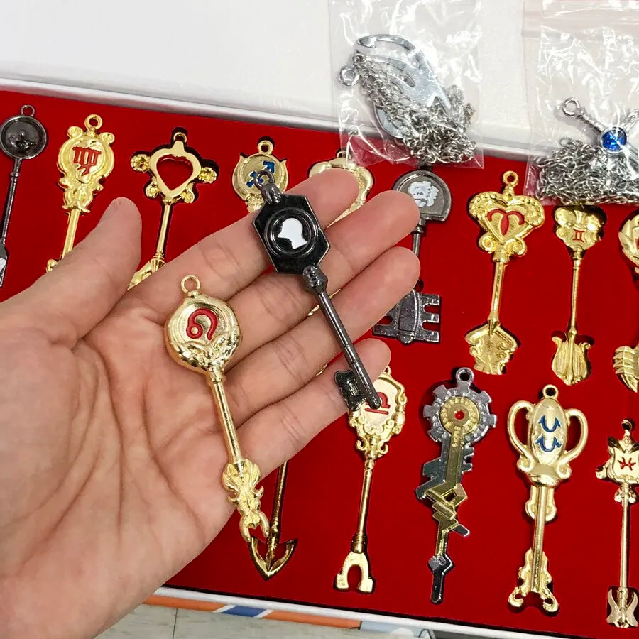 Anime Pendants Jewelry Necklace Keyrings Elsa Lucy Keys Set Zodiac Star Spirit Magician Summons Cosplay Key Ring Gift