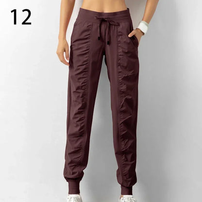 Sweatpants Fabric Drawstring Running Sport Joggers Women Quick Dry Athletic Gym Fitness with Two Side Pockets Exercise Pants