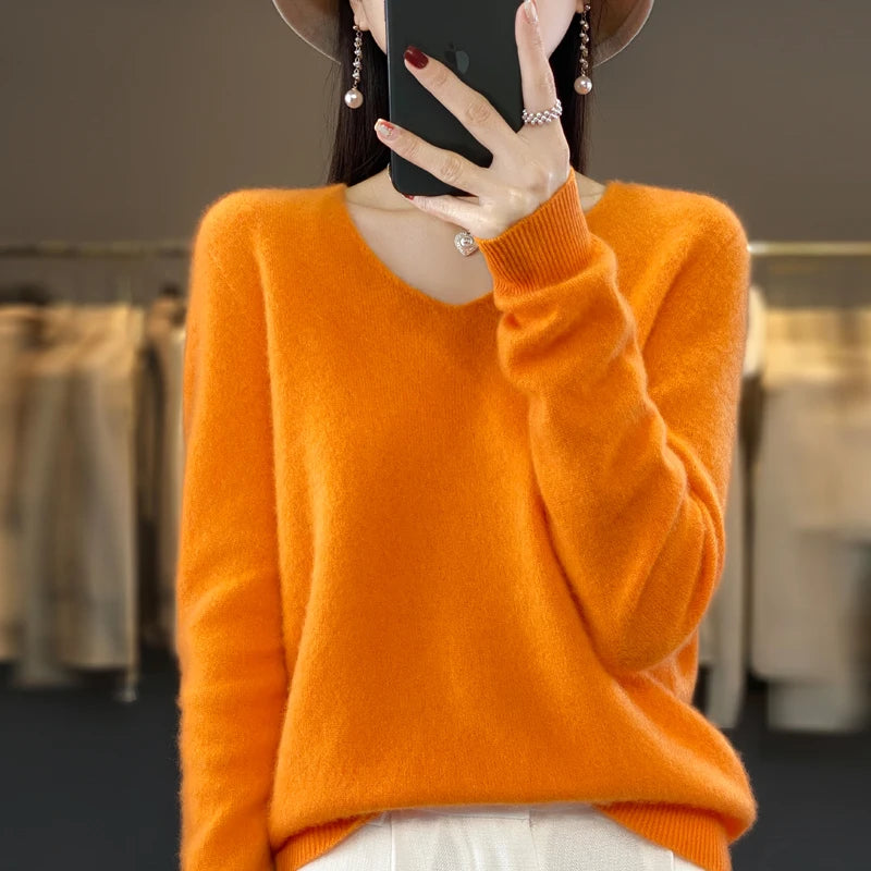 Suéter básico de otoño-invierno 2024 para mujer, 100 % lana merino, cuello en V, tejido de punto liso, jersey de oficina para mujer, manga larga, cachemir.