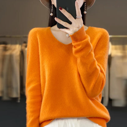 Suéter básico de otoño-invierno 2024 para mujer, 100 % lana merino, cuello en V, tejido de punto liso, jersey de oficina para mujer, manga larga, cachemir.