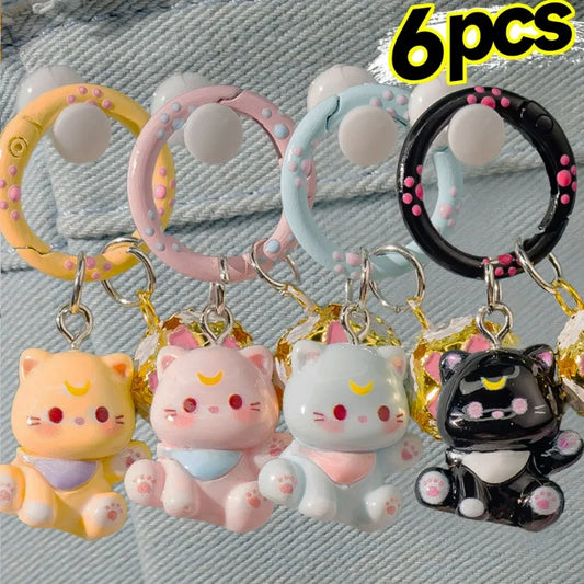 1/6Pcs Colorful Cat Bell Keychains for Friends Backpack Phone Pendant Hangings Couple Cartoon Animal Paw O-shaped Keychains