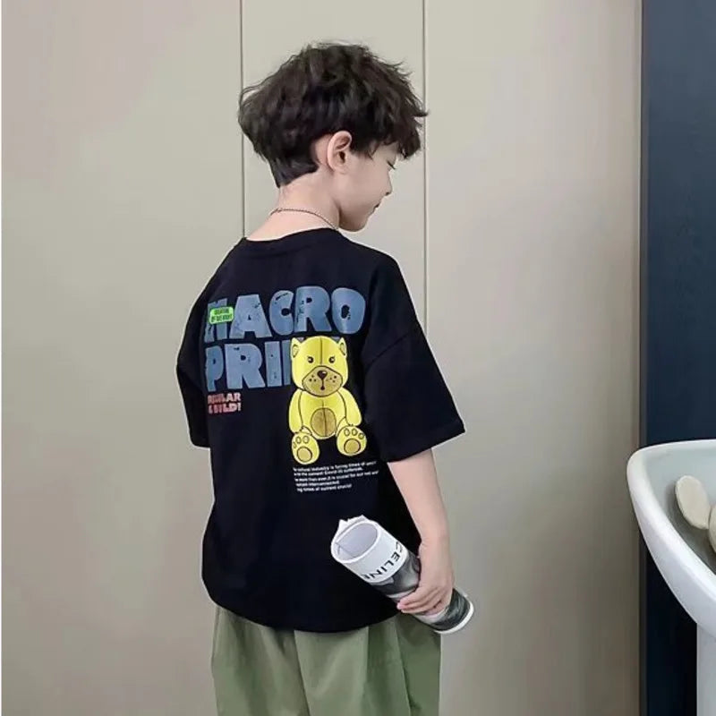 Camiseta de manga corta de verano para niños, Top de cuello redondo para niños pequeños y medianos, moda informal versátil de media manga