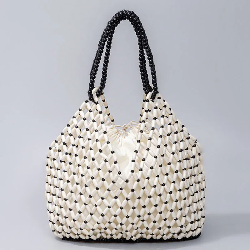 Handmade Woven Beaded Handbag For Women Exquisite Hollow-out Wooden Beaded Shoulder Bag Female Beach Bag