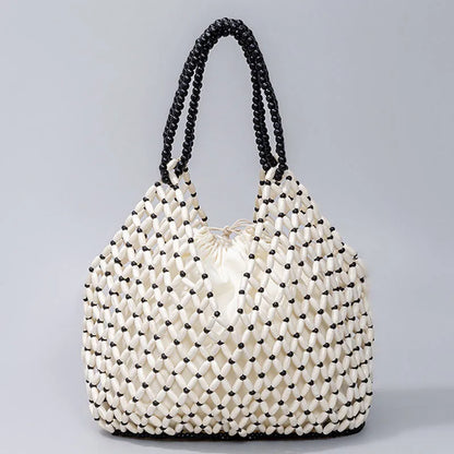 Handmade Woven Beaded Handbag For Women Exquisite Hollow-out Wooden Beaded Shoulder Bag Female Beach Bag