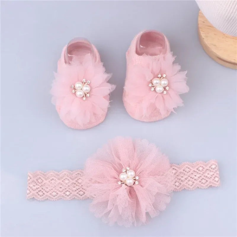 Lovely Pearl Bows Baby Headband Socks Set Non Slip Cotton Sock Lace Flower Newborn Hair Band Turban Girl Hair Accessories