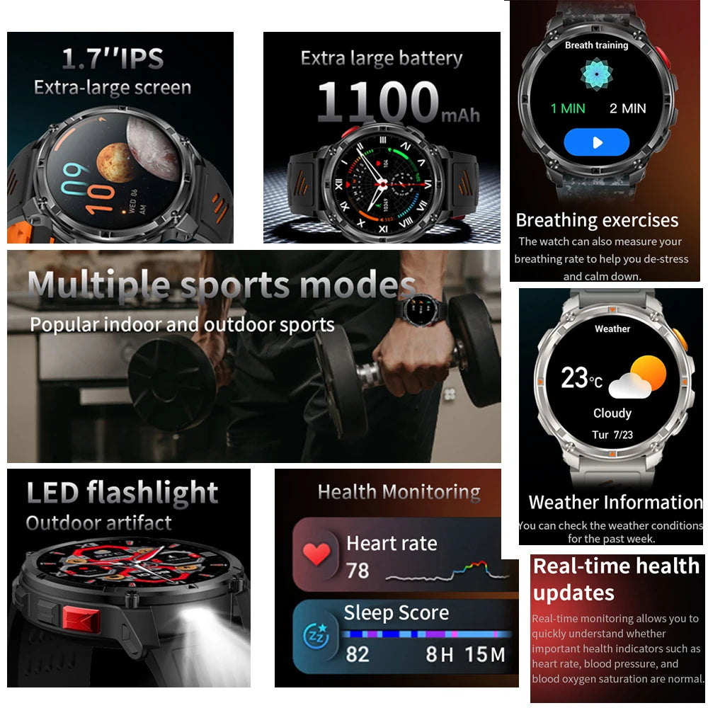 Novo Smartwatch T-Rex3 Pro 2026 – Bateria de 1100mAh, GPS com rastreamento de rota, Resistência à água 5ATM, Monitoramento de esportes e corrida, Bússola, Estilo militar