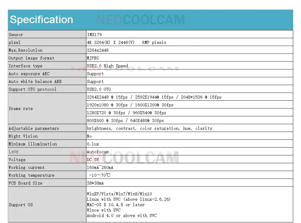 NEOCoolcam HD 4K Autofocus USB Webcam 3264 x 2448 MJPEG UVC 8MP IMX179 Video Live PC Camera for Meeting Document Scanning