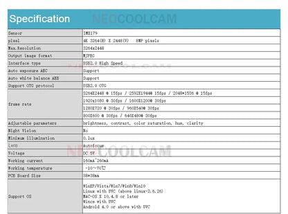 NEOCoolcam HD 4K Autofocus USB Webcam 3264 x 2448 MJPEG UVC 8MP IMX179 Video Live PC Camera for Meeting Document Scanning