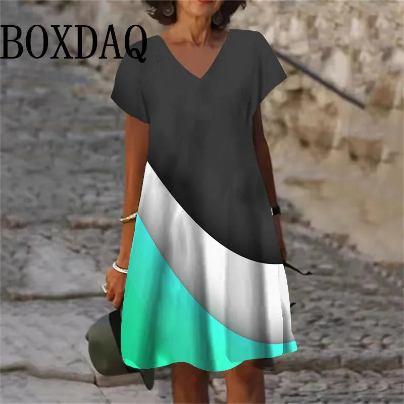 2025 Summer Fashion Plus Size Dresses 6XL Women V-Neck Short Sleeve Mini Dress Casual Daily Gradient Striped Large Size Dress