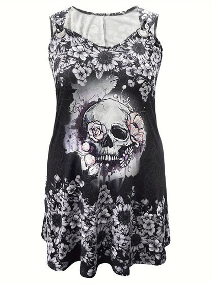Vestido com estampa com cabeça de caveira feminino, laço curto, fivela, verão, moda, casual, tamanhos grandes, moda