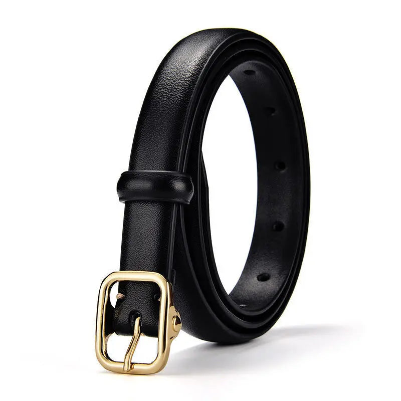 2.3cm Classic Women Leather Belt with Golden Square Buckle Thin Casual Dress Waist Band for Students Ladies Fashion Accessory