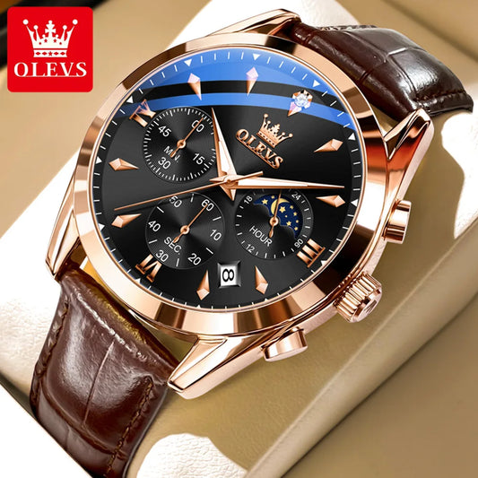 OLEVS 3609 Original Moon Phase Chronograph Man Watch Leather Strap Waterproof Luminous Luxury Brand Quartz Wrist Watches for Men