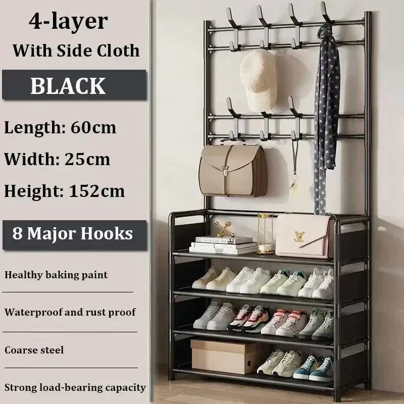 Zapatero de múltiples capas para el hogar, perchero integrado para abrigos y sombreros, puerta para zapatos, estante multifuncional simple