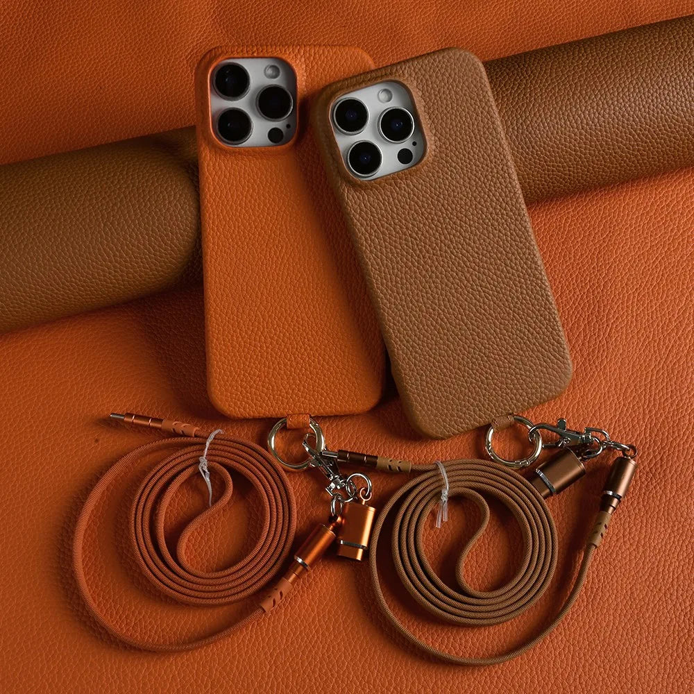 Funda de piel auténtica personalizable con cordón de carga para iPhone 16 Pro Max, 15, 14, 13, 12 y 11, con funda magnética.