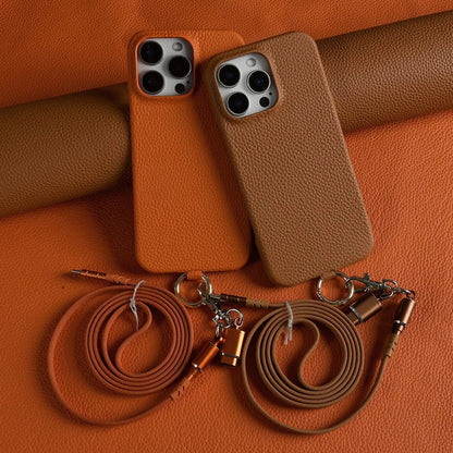 Funda de piel auténtica personalizable con cordón de carga para iPhone 16 Pro Max, 15, 14, 13, 12 y 11, con funda magnética.