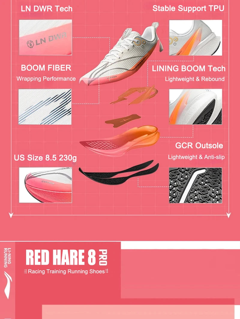 Li-Ning Men's RED HARE 8 PRO Racing Running Shoes BOOM Cushion LN DWR Water Repellent Breathable LiNing Wearable Sneaker ARPV015