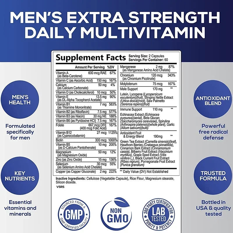 Men's Daily Multivitamin Supplement - Provides Cognitive Brain Health, Energy and Stamina, and Muscle Mass Vegan