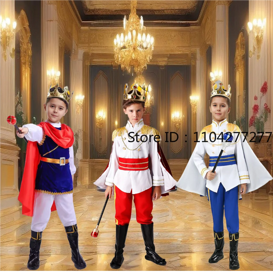 Boy's King Prince Cosplay Costume Prince Crown Scepter Cloak Royalty Suit Halloween Birthday Carnival Costumes Fancy Dress Up