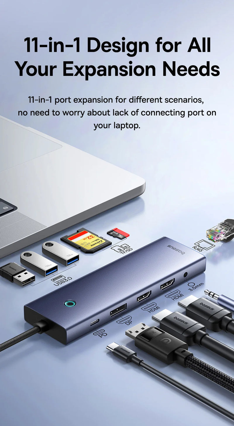 Baseus USB Hub DP 4K Dual HDMI Adapter 11 in 1 Splitter RJ45 USB 3.0 PD 100W Docking Station for MacBook Pro Air M2 M1 USB C HUB