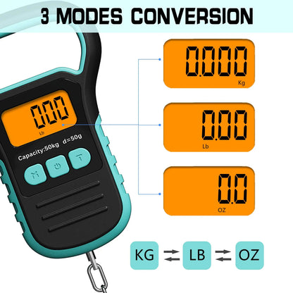 Digital Fish Scale with Ruler and Catch, 110 lb/50 kg Portable Hanging Fish Scale, Luggage Weighing Scale, Backlit LCD Display