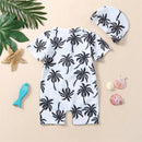 Newborn Baby Infant Boys Swimsuit with Hat Cartoon Tree Print Short Sleeve Round Neck Half Zipper Jumpsuit Bathing Suit