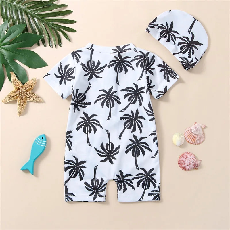Newborn Baby Infant Boys Swimsuit with Hat Cartoon Tree Print Short Sleeve Round Neck Half Zipper Jumpsuit Bathing Suit
