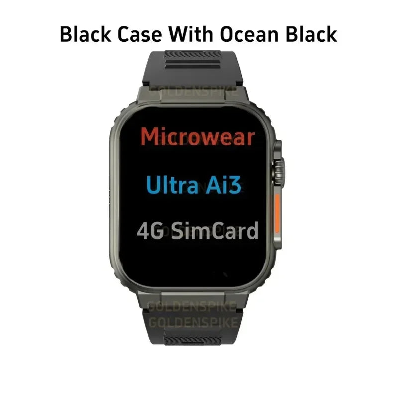 Microwear Ultra Ai3 Smartwatch: 4G SIM Card Android 2.2'' Amoled, AI Health Monitoring, 180° Rotary Camera, 256GB Storage