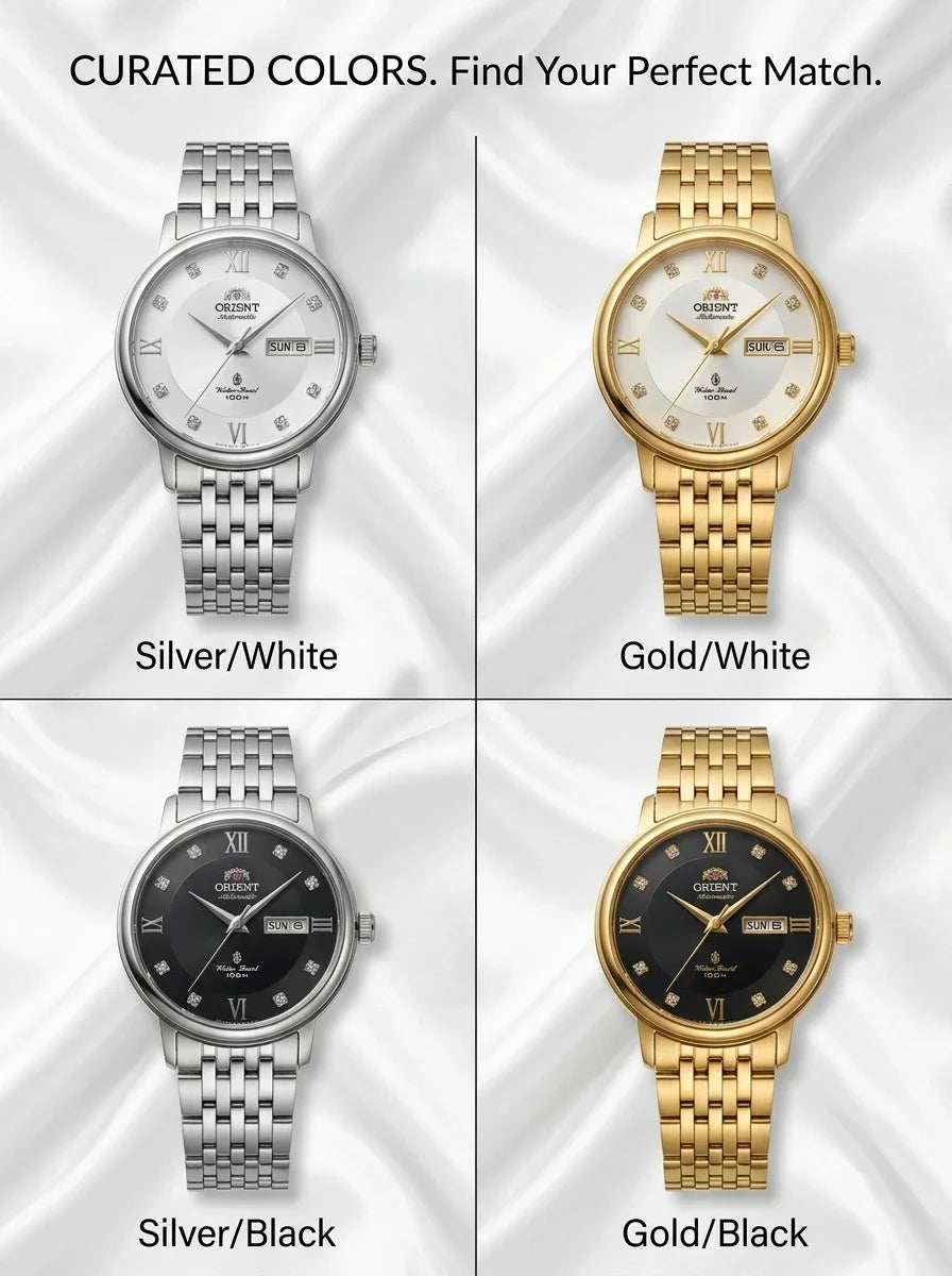 Relógio feminino automático bicolor calendário duplo em aço inoxidável