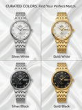 Relógio feminino automático bicolor calendário duplo em aço inoxidável