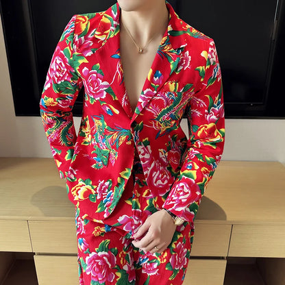 Men Suit 2 Piece Fashion Party Mens Vintage Print Big flower in northeast China Suits Jacket Pants Men Sets