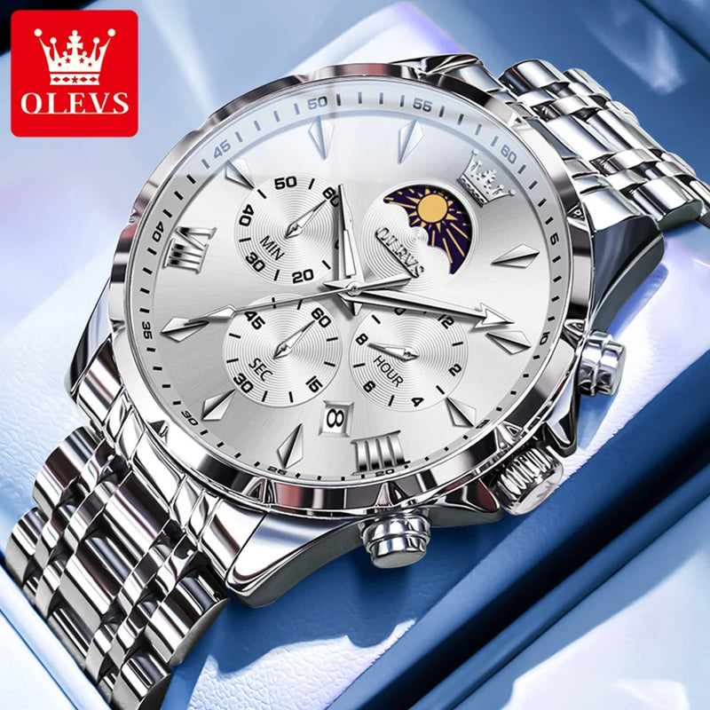OLEVS 3653 Mens Watch Quartz Watch Multifunctional Chronograph Watch For Men 30M Waterproof Luminous Moon Phase Box Original