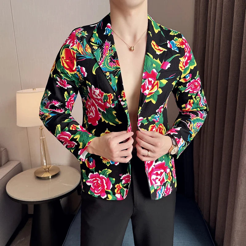 Men Suit 2 Piece Fashion Party Mens Vintage Print Big flower in northeast China Suits Jacket Pants Men Sets