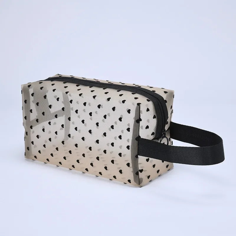 Heart-Shaped Nylon Mesh Cosmetic Bag Portable Toiletry Organizer for Women Makeup Storage