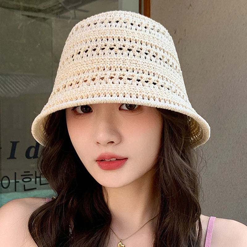 Summer Bucket Hat Fisherman Hat Women Hollow Out Sun Hat Outdoor Casual Versatile Panama Hats Crochet Foldable Caps Beach Cap
