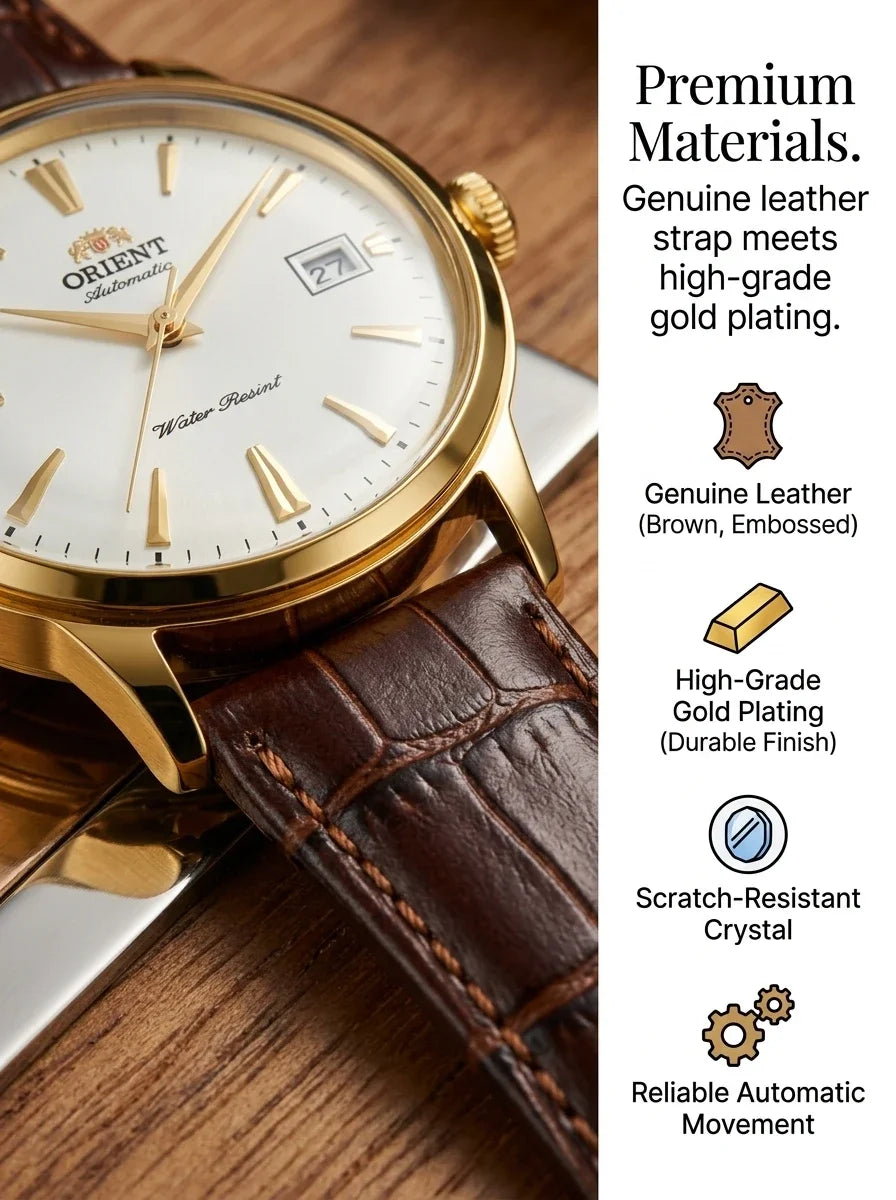 Relógio masculino automático vintage com pulseira de couro caixas dourada