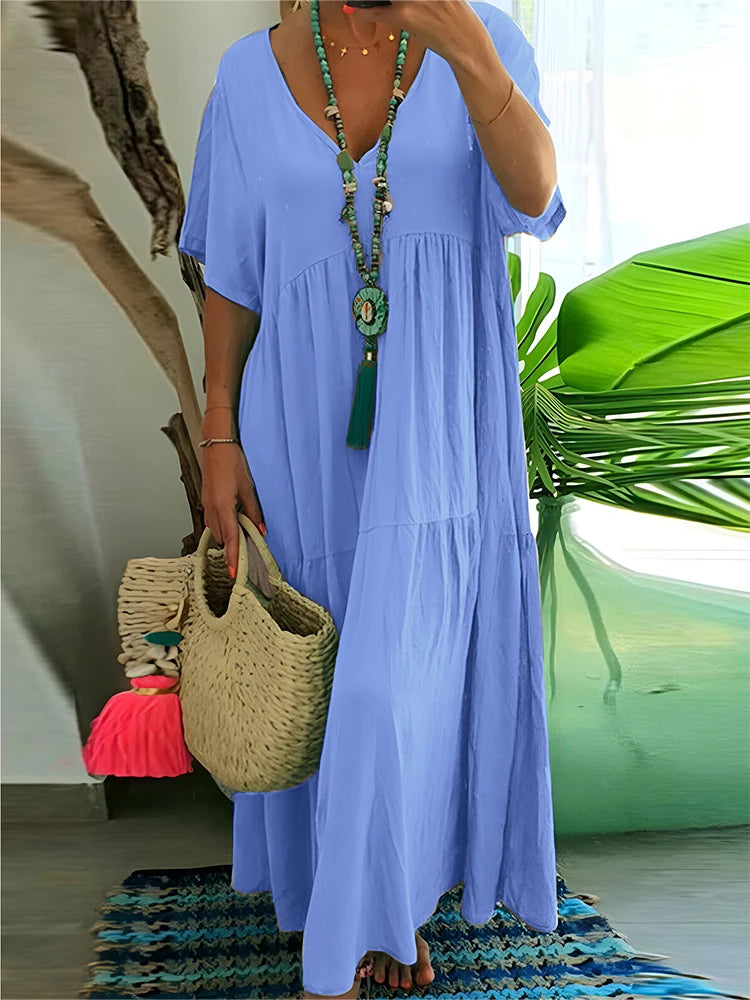 Plus Size 2025 Summer New V-neck Short Sleeve Pleated Solid Colour Loose Casual Midi Dress Basic Hem Pleated