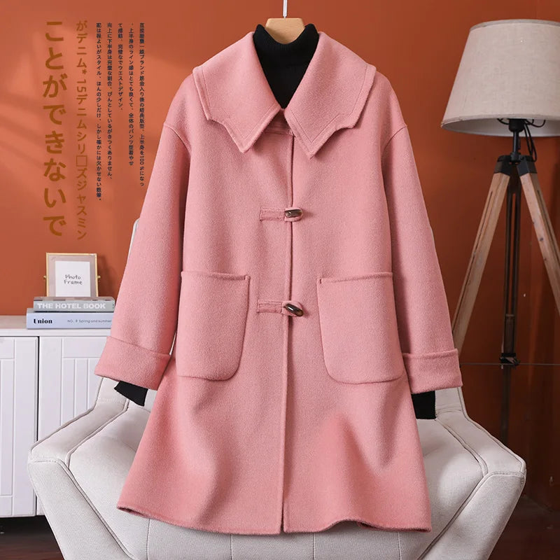 2025 Fashion Large Lapel Horn Button Women's Coat Autumn and Winter New Double-Sided Woolen 100%Pure Wool Warm Coat Large Pocket